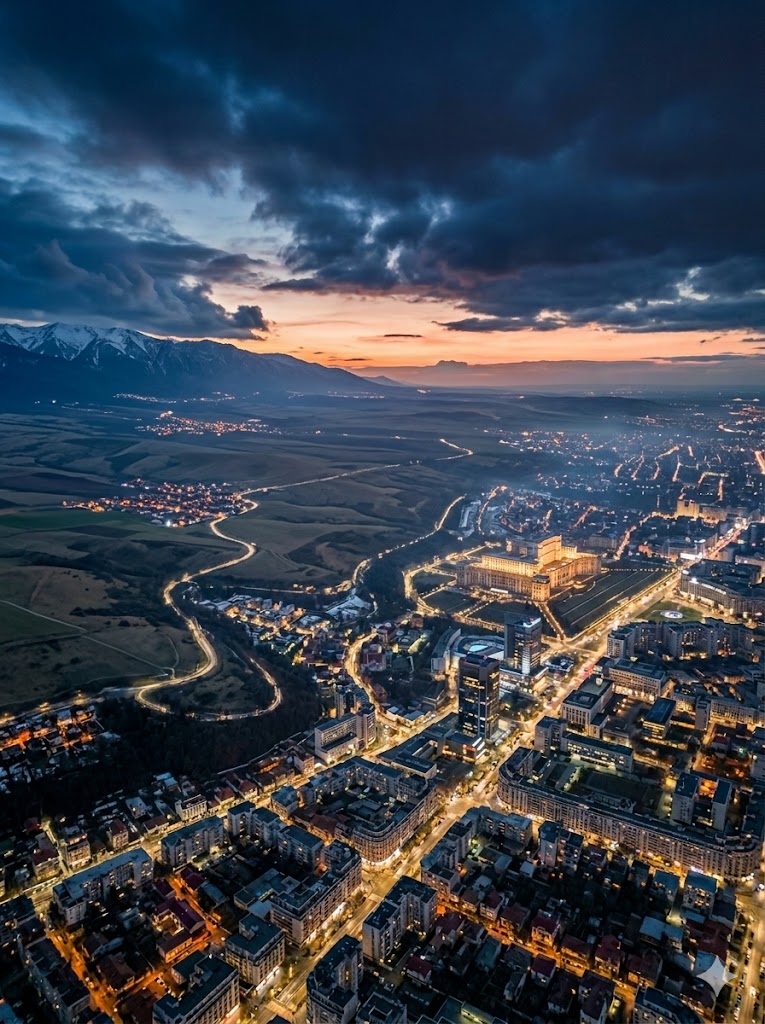 Carpathian range meeting Bucharest skyline at dusk